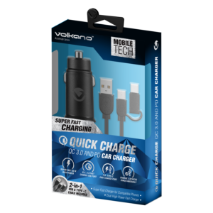 Volkano Accelerate series 30 Watt Dual PD (Type-C) and QC 3 USB car charger with charge cable
